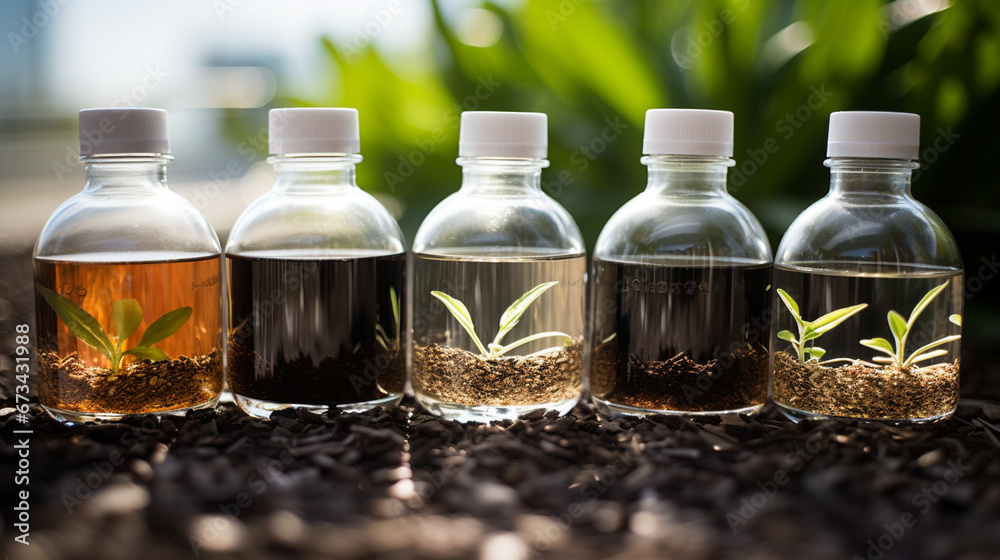 A close-up of liquid fertilizer formulations tailored for specific plant needs, illustrating the precision and advanced technology used in providing customized plant nourishment in A close-up of liquid fertilizer formulations tailored for specific plant needs, illustrating the precision and advanced technology used in providing customized plant nourishment in