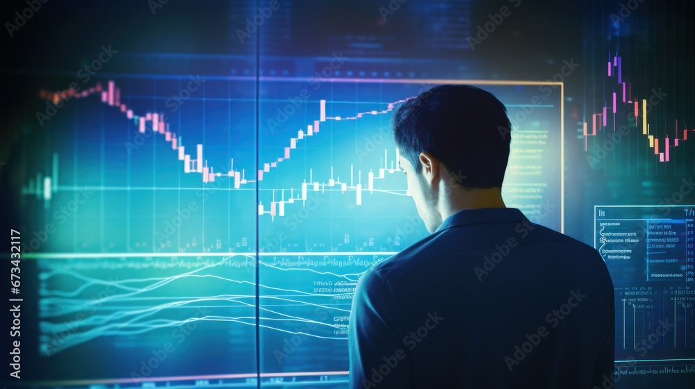 Financial analyst man follows stock prices on a big screen Financial analyst man follows stock prices on a big screen