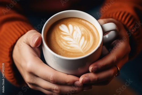 Close up image of cup of coffee in hands, holding cappuccino in a white mug with coffee art
