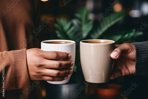Closeup image of hands clinking coffee mugs, holding hot chocolate cups in hands