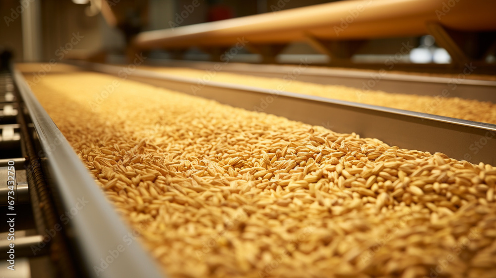 A detailed view of the conveyor belt transporting diverse grain varieties, such as bulgur and spelt, highlighting the meticulous care and modern technology involved in their storag 