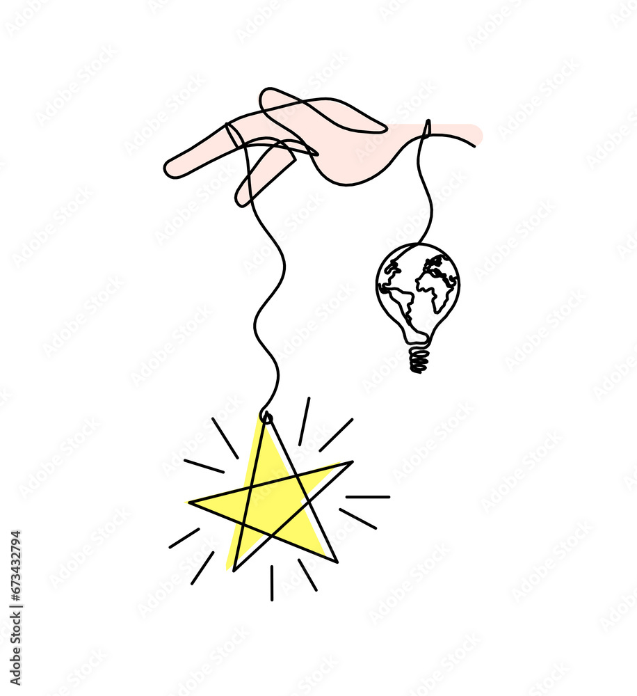 Abstract color  star with hand and light bulb as line drawing on white