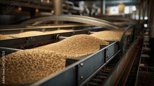 The conveyor belt in action, up close, with a variety of grains, including wild rice and farro, being transported, exemplifying the efficient storage and handling of diverse agricu 