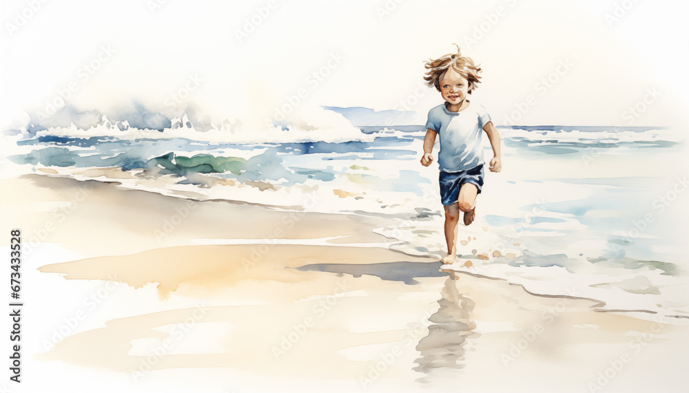 Watercolor Depiction of Happiness on a Coastal Beach