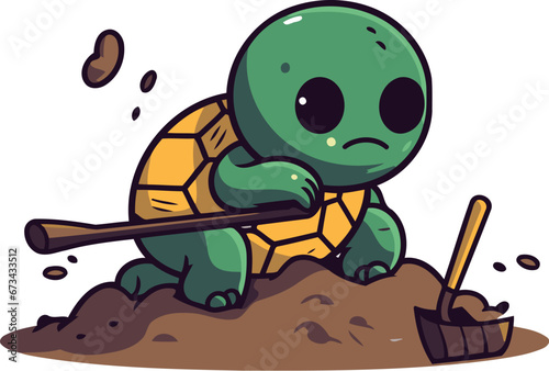 Turtle digging a hole in the ground. cartoon vector illustration.