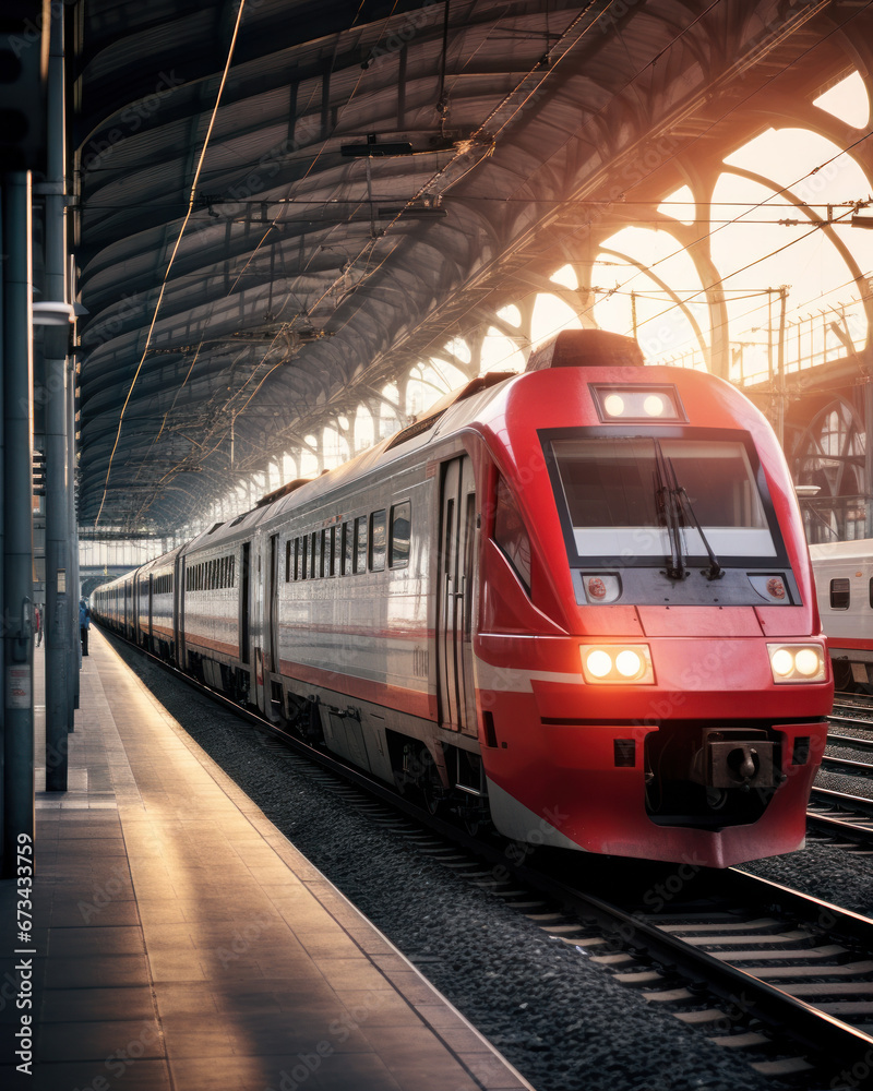 Fototapeta premium Modern Hi-Speed red Passenger Train at station train terminal
