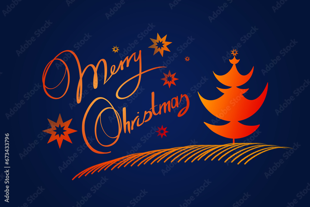 Merry Christmas text on blue background and red fir tree .
