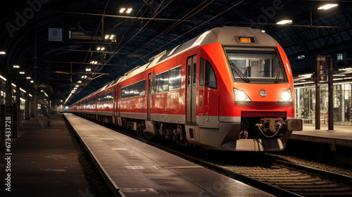 Modern Hi-Speed red Passenger Train at station train terminal