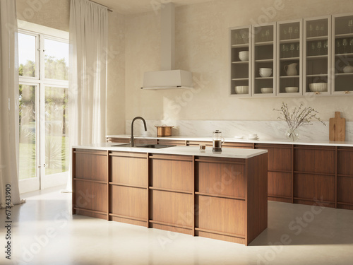 Obraz na plátně 3d rendering of a wooden minimal rural kitchen with an island and a view to the