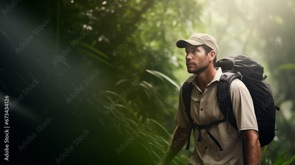 Adventurous man hiking through dense jungle with a backpack.