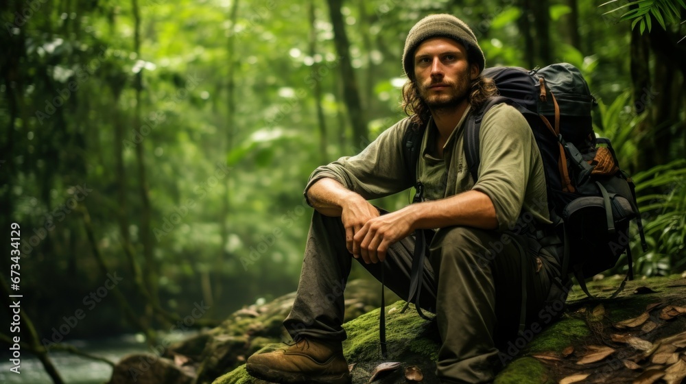 Adventurous man sitting on a rock in the lush jungle with a backpack.