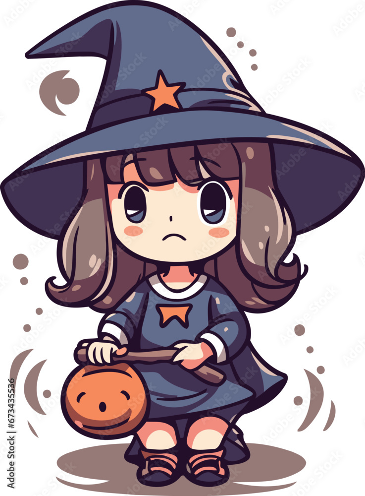 Illustration of a little girl dressed up as a witch with a pumpkin Illustration of a little girl dressed up as a witch with a pumpkin