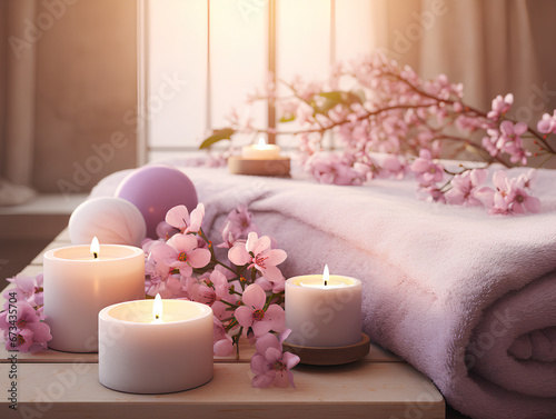 Spa room  cozy atmosphere  candles  stones for stone therapy - created by ai