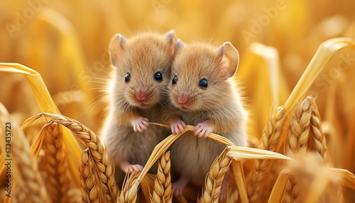 Two adorable little mice exploring and enjoying the lush golden wheat field on a sunny day
