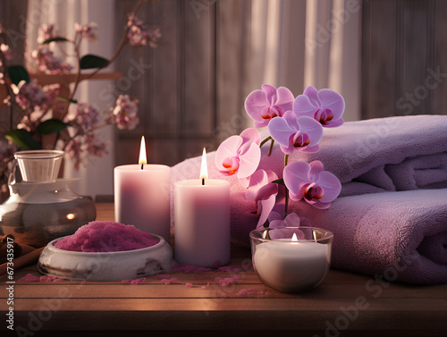Spa room, cozy atmosphere, candles, stones for stone therapy - created by ai