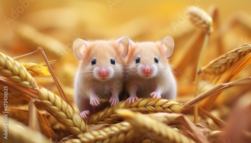 Two adorable little mice exploring and enjoying a picturesque wheat field in the countryside