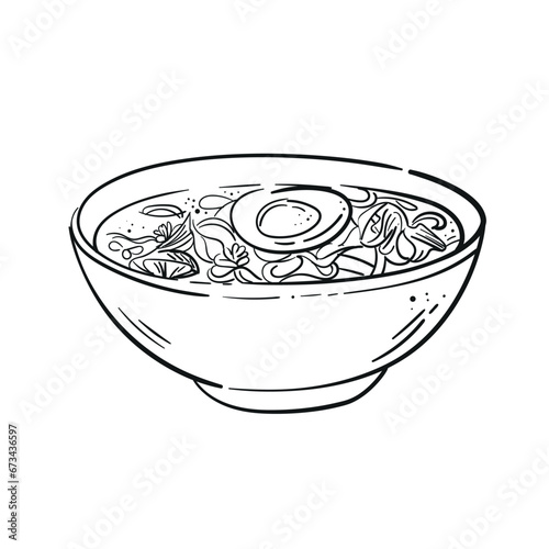 Chicken soup with noodles and egg in a bowl sketch. Doodle style illustration. International soup day. Menu, design, web.