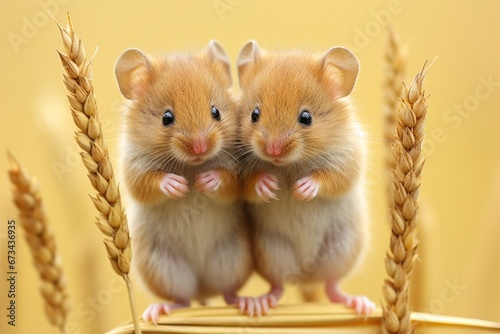 Delightful sight a pair of precious little mice having a playful adventure in a golden wheat field