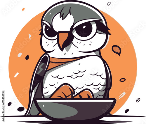 Cute cartoon owl with a plate of food. Vector illustration.