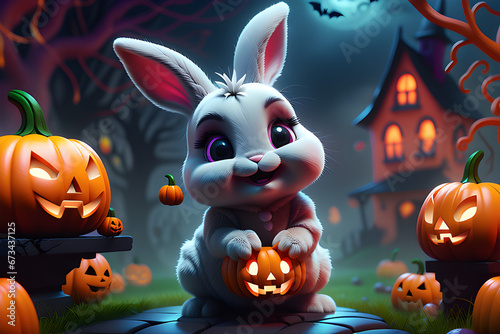 A cute little bunny holding a jack-o'-lantern on Halloween night. Generative AI