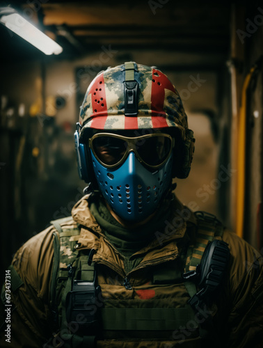 Portrait of a soldier. He is wearing red, blue and white colored helmet and a blue mask in the basement.
