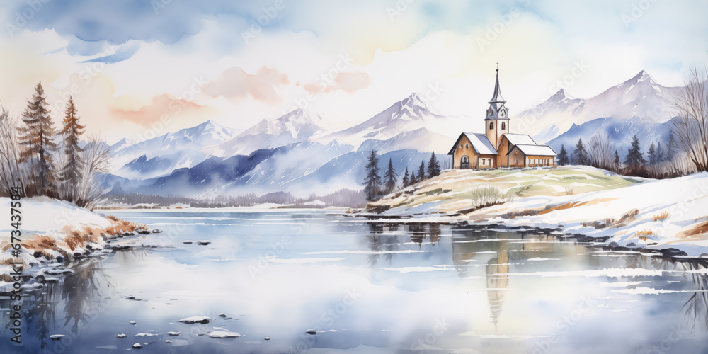 Surreal Watercolor Landscape of Snowy Mountain Peaks, Cloudy Sky and Calm Water Body