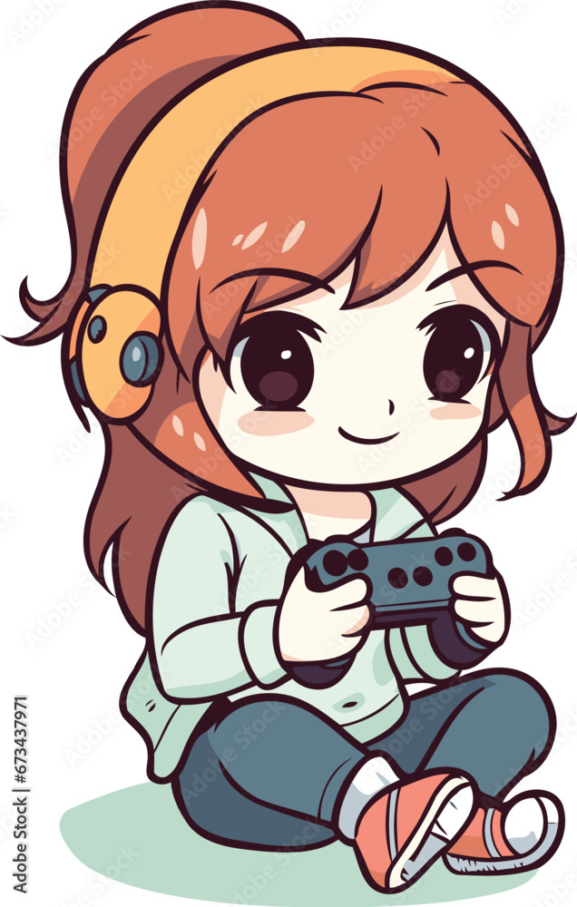 Illustration of a Cute Little Girl Playing with a Gamepad Illustration of a Cute Little Girl Playing with a Gamepad