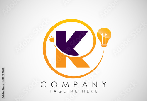 English alphabet K with electric bulb and plug. Electricity, industrial and technology logo