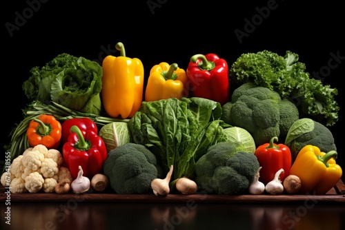 Assorted fresh vegetables   tomatoes, carrots, lettuce, cabbage, peppers   on black background