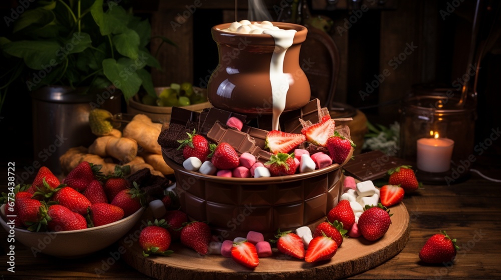 A chocolate fondue fountain surrounded by strawberries and marshmallows