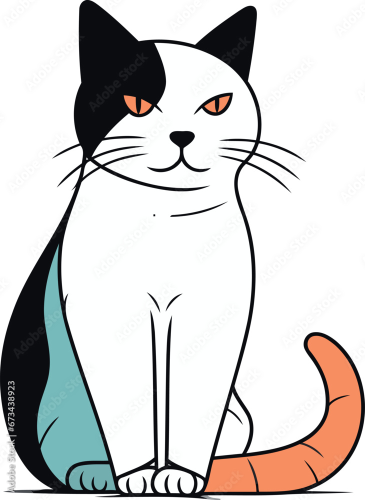 Vector illustration of a cute cat sitting on a white background. Cartoon style.