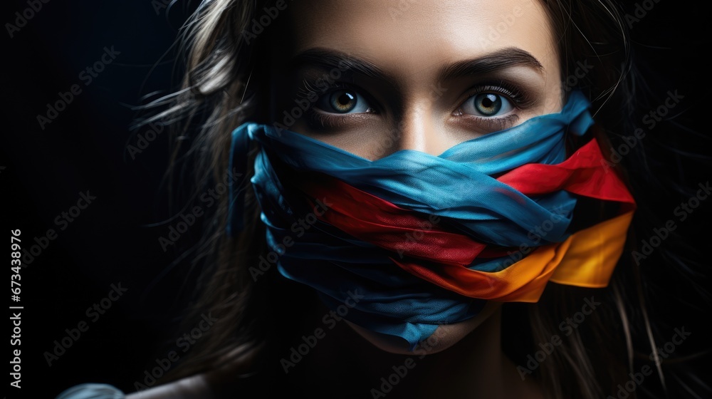 A woman with her mouth tied. Freedom of speech, politicians prohibit speaking and expressing their thoughts, ban on freedom, elections, arbitrariness of politicians, my voice is important - obrazy, fototapety, plakaty 