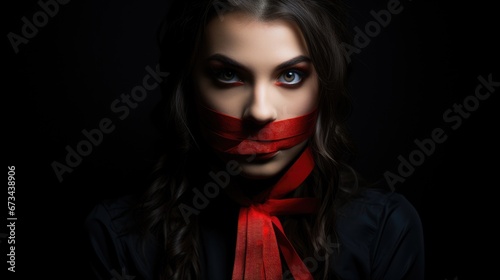 A woman with her mouth tied. Freedom of speech, politicians prohibit speaking and expressing their thoughts, ban on freedom, elections, arbitrariness of politicians, my voice is important photo