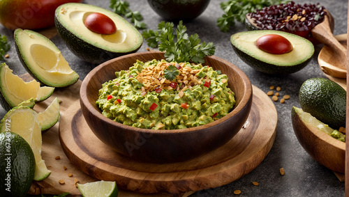 Appetizing Guacamole, fresh avocado in a beautiful plate on the table