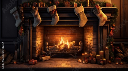 A close-up of a crackling fireplace with stockings hung and a warm glow photo