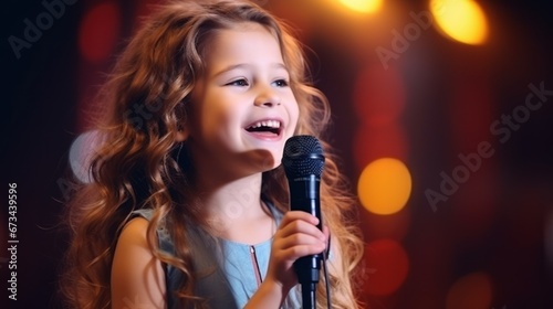 a girl child five  sings on stage with a microphone in her hands. close-up portrait with concert light