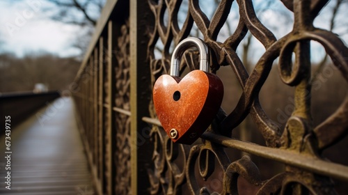 A close-up of a heart-shaped lock attached to a rustic bridge railing