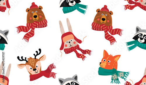 Winter holidays seamless pattern with cute forest animals in warm scarves and hats.Funny colorful background with heads of raccoon, bear, fox, deer and hare.Vector cartoon illustration on white.