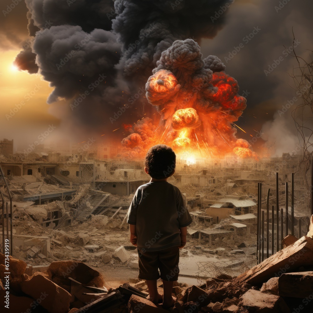 a small child with his back to the camera looks at the destroyed city and the explosions of bombs and rockets