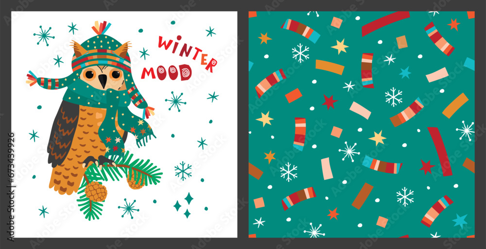 Fototapeta premium Winter holidays vector collection with cartoon owl and hand lettering.Greeting card with cute animal character in warm scarf and hat.Colorful seamless pattern with confetti,snowflakes and stars. 