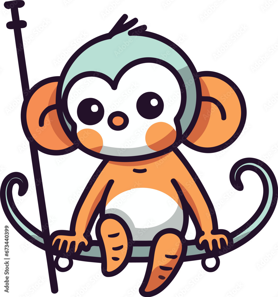 Cute cartoon monkey with skis. Vector illustration isolated on white background. Cute cartoon monkey with skis. Vector illustration isolated on white background.