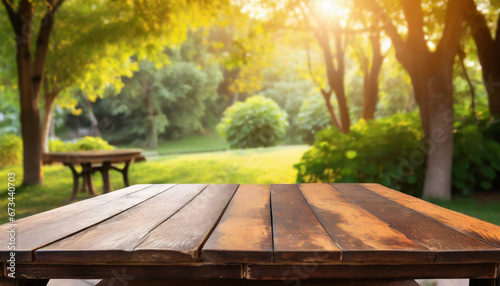 Wooden Table outside in park background