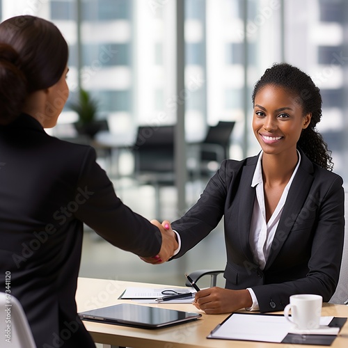 A young African-American woman shakes hands with another woman and thanks her for a successful job interview
