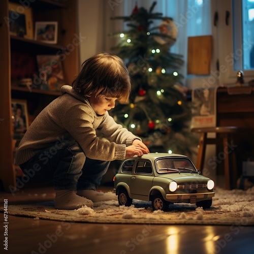 A happy child playing with a miniature car, symbolizing the innocence and joy of childhood.