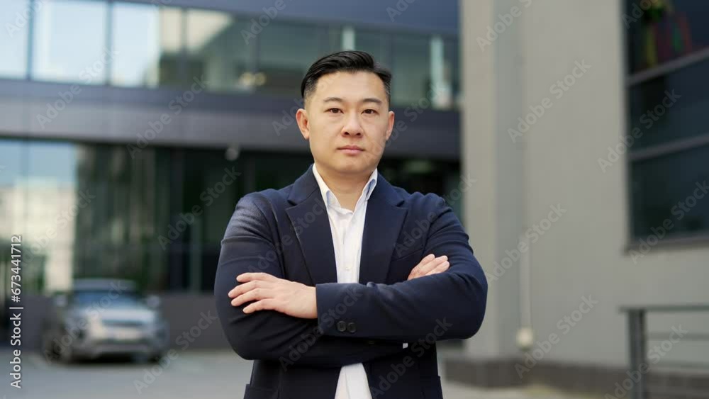 Portrait of a confident asian businessman in formal suit standing on street near office building. Serious thoughtful male entrepreneur posing with crossed arms looking at camera. Head shot of owner Portrait of a confident asian businessman in formal suit standing on street near office building. Serious thoughtful male entrepreneur posing with crossed arms looking at camera. Head shot of owner