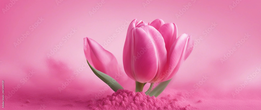 The composition of pink tulip on a light background. Generative AI.