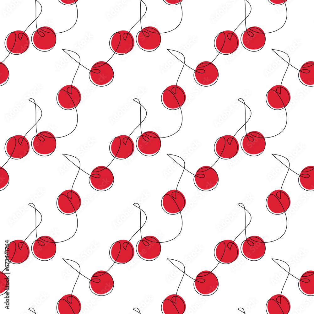 Hand drawn red cherry berries seamless pattern vector. Cartoon linear backdrop. Line continuous illustration. Wallpaper, doodle background, fabric, textile, wrapping paper print. Hand drawn red cherry berries seamless pattern vector. Cartoon linear backdrop. Line continuous illustration. Wallpaper, doodle background, fabric, textile, wrapping paper print.
