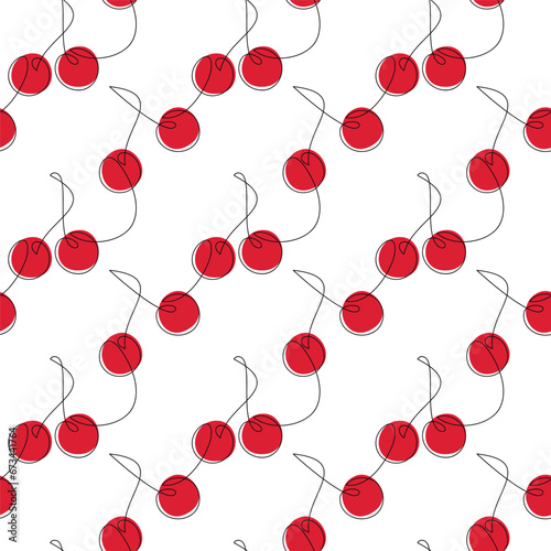 Hand drawn red cherry berries seamless pattern vector. Cartoon linear backdrop. Line continuous illustration. Wallpaper, doodle background, fabric, textile, wrapping paper print.