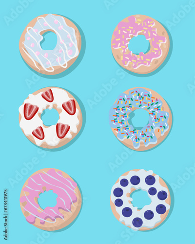 Set of vector, sweet colored donuts in modern flat style. Donut isolated for your design