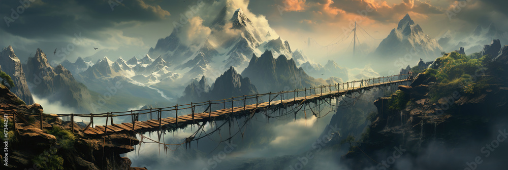 Suspension bridge in the mountains. - obrazy, fototapety, plakaty 